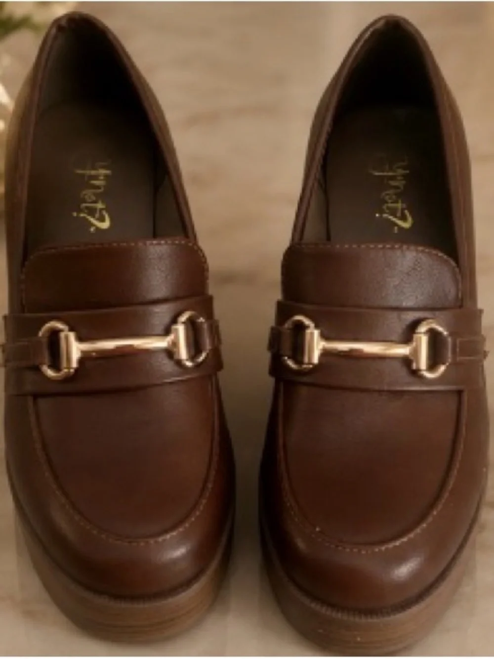 Classic Brown Platform Loafers with Gold Hardware